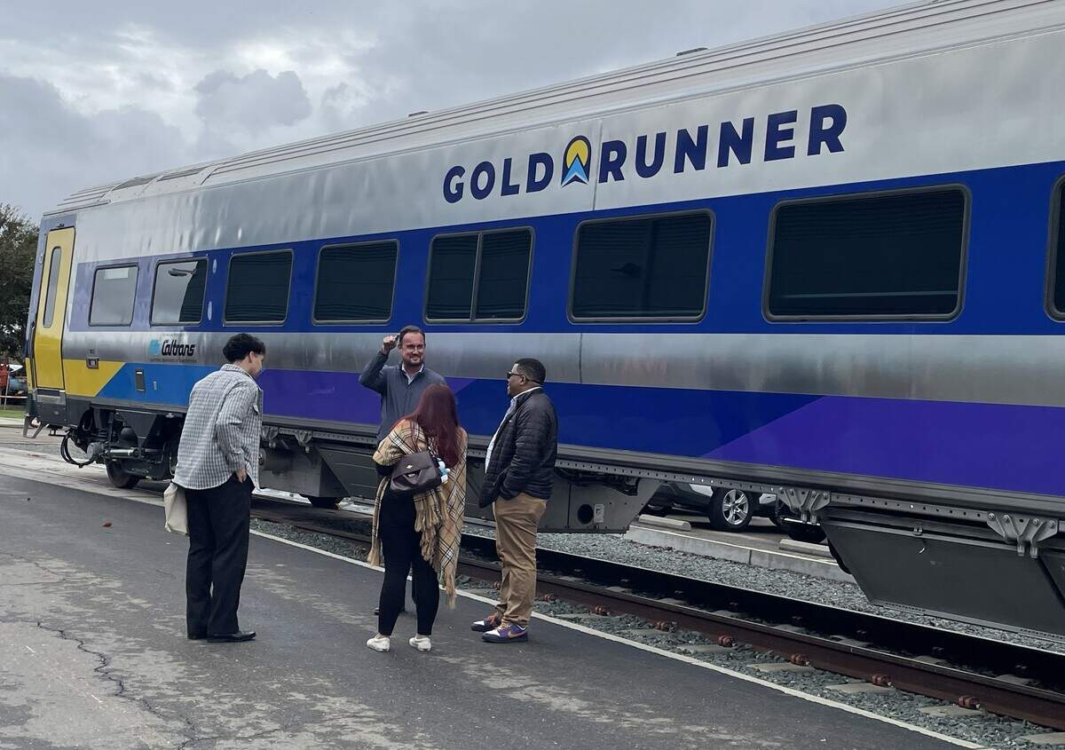 Guests view an Amtrak Gold Runner passenger car in Stockton on Nov. 14, 2025. The rail line can transport passengers part of the way to Yosemite National Park, before transferring to public transportation.